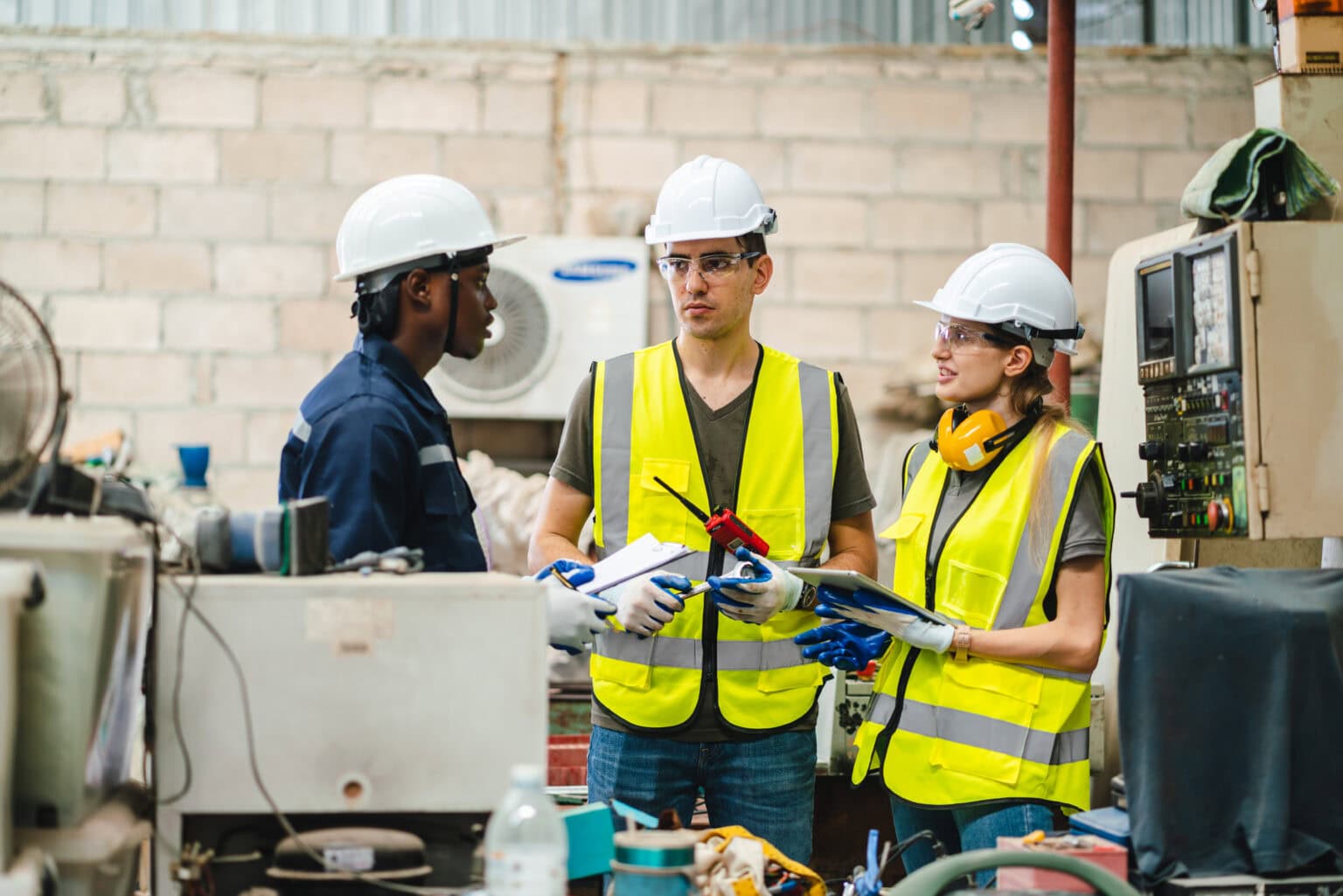 Drei Mitarbeiter besprechen die Arbeitsbedingungen