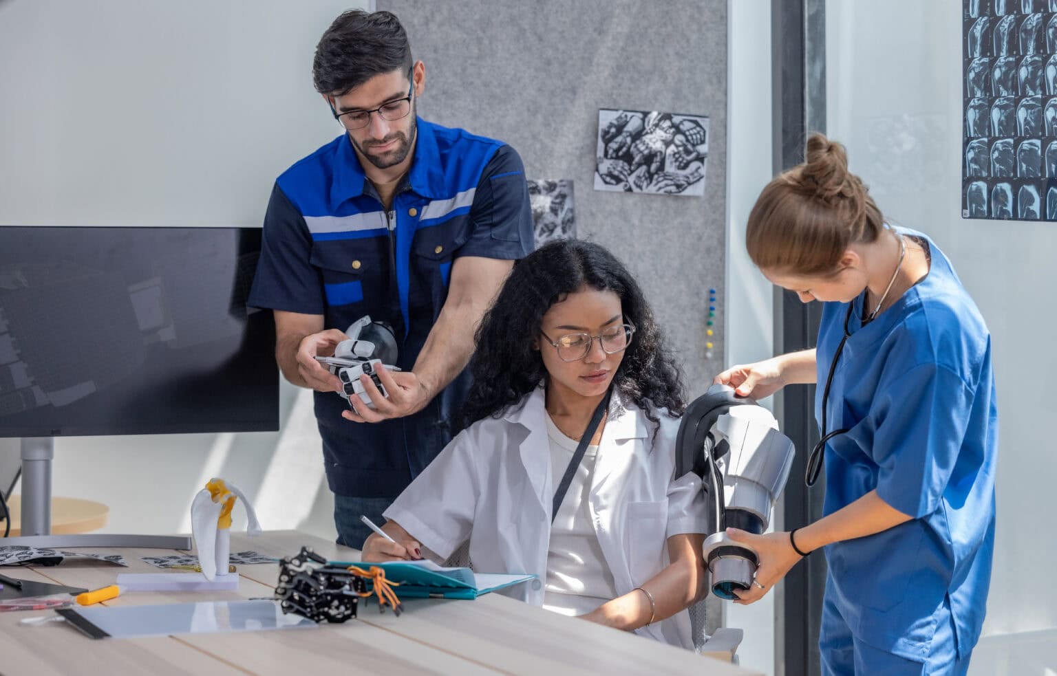 Ingenieure arbeiten mit einem Orthopäden und einem Chirurgen zusammen, um somatosensorische Roboterarme und -hände für Patienten zu entwickeln, die eine fortgeschrittene Prothetik oder Rehabilitationshilfe benötigen.